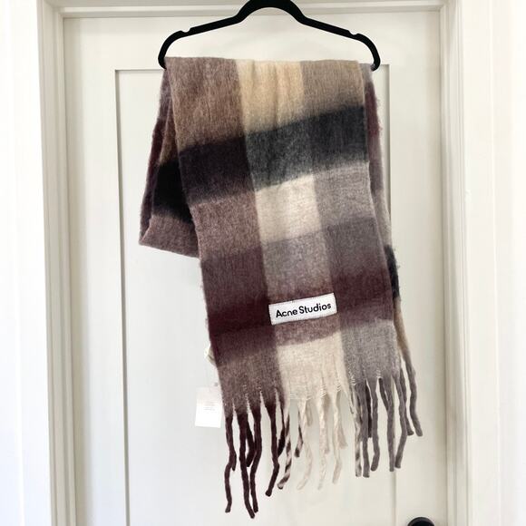 NWT Acne Studios Vally Scarf Plaid Brown Ecru Mohair OS - Picture 1 of 4